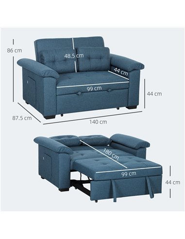 HOMCOM Pull Out Sofa Bed, Fabric 2 Seater Click Clack Sofa Bed Settee, Convertible Sofa Couch with 2 Pillows and Side Pockets fo