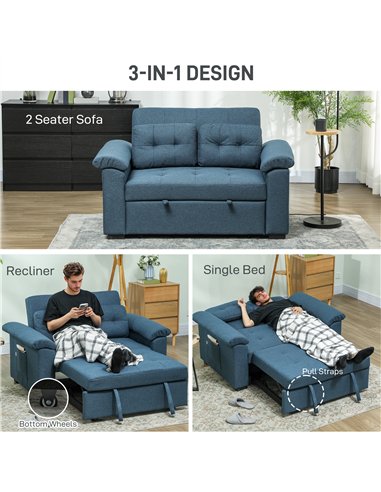 HOMCOM Pull Out Sofa Bed, Fabric 2 Seater Click Clack Sofa Bed Settee, Convertible Sofa Couch with 2 Pillows and Side Pockets fo