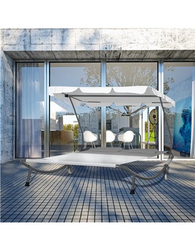 Outsunny Patio Double Hammock Sun Lounger Bed w/ Canopy Shelter, Wheels & 2 Pillows, White