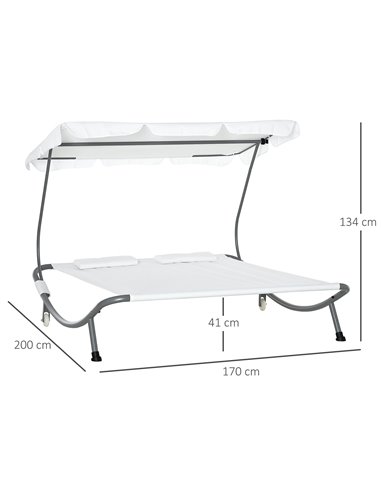 Outsunny Patio Double Hammock Sun Lounger Bed w/ Canopy Shelter, Wheels & 2 Pillows, White