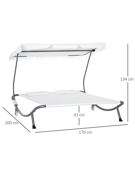 Outsunny Patio Double Hammock Sun Lounger Bed w/ Canopy Shelter, Wheels & 2 Pillows, White - pic 12700 | FastDaddyshop