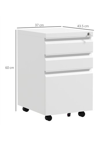 Vinsetto 3-Drawer Mobile Filing Cabinet with Pencil Tray, Steel Lockable Under Desk Drawers for Letter, A4 and Legal Size, Pre-A