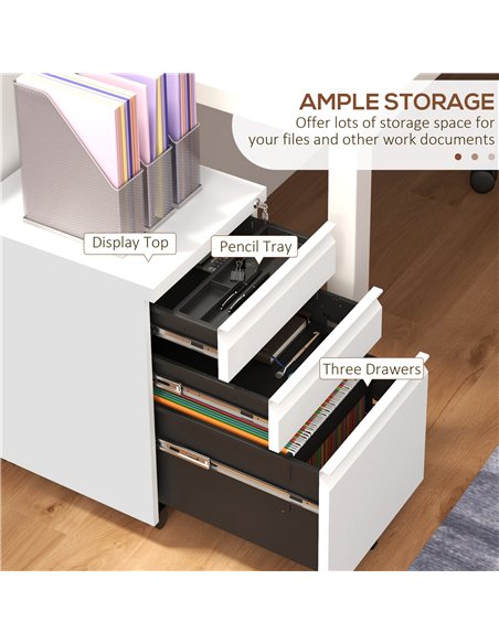 Vinsetto 3-Drawer Mobile Filing Cabinet with Pencil Tray, Steel Lockable Under Desk Drawers for Letter, A4 and Legal Size, Pre-A - pic 127005 | FastDaddyshop