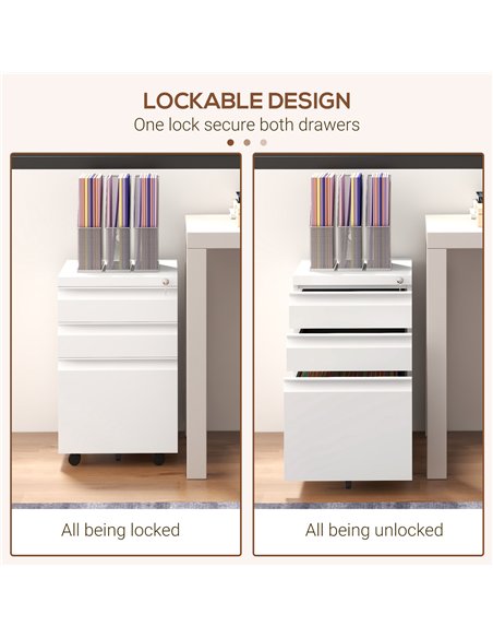 Vinsetto 3-Drawer Mobile Filing Cabinet with Pencil Tray, Steel Lockable Under Desk Drawers for Letter, A4 and Legal Size, Pre-A - pic 127007 | FastDaddyshop