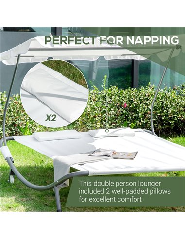 Outsunny Patio Double Hammock Sun Lounger Bed w/ Canopy Shelter, Wheels & 2 Pillows, White