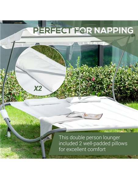 Outsunny Patio Double Hammock Sun Lounger Bed w/ Canopy Shelter, Wheels & 2 Pillows, White - pic 12702 | FastDaddyshop