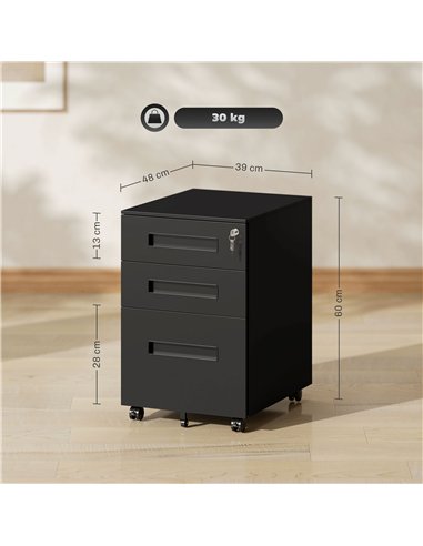 Vinsetto Metal Mobile File Cabinet with Wheels, Lockable 3 Drawer Filing Cabinet for A4, Legal, Letter, Under Desk Office Cabine