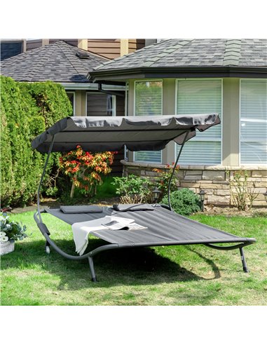 Outsunny Patio Double Hammock Sun Lounger Bed w/ Canopy Shelter, Wheels & 2 Pillows, Grey