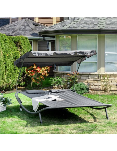 Outsunny Patio Double Hammock Sun Lounger Bed w/ Canopy Shelter, Wheels & 2 Pillows, Grey - pic 12707 | FastDaddyshop