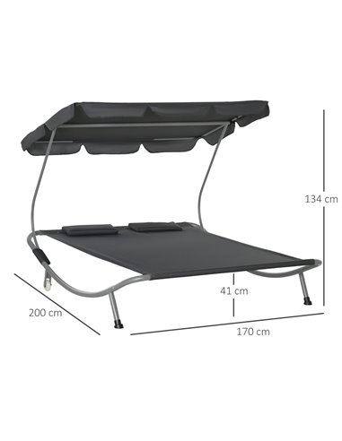 Outsunny Patio Double Hammock Sun Lounger Bed w/ Canopy Shelter, Wheels & 2 Pillows, Grey