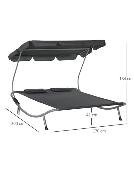 Outsunny Patio Double Hammock Sun Lounger Bed w/ Canopy Shelter, Wheels & 2 Pillows, Grey - pic 12708 | FastDaddyshop
