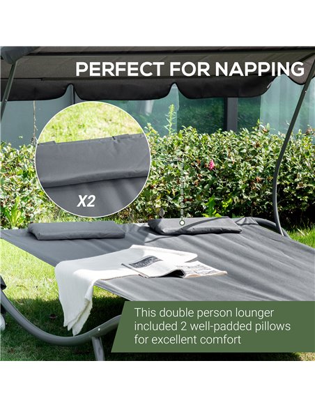 Outsunny Patio Double Hammock Sun Lounger Bed w/ Canopy Shelter, Wheels & 2 Pillows, Grey - pic 12710 | FastDaddyshop