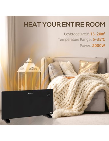 HOMCOM 2000W Electric Convector Heater, Freestanding or Wall Mounted, Space Heater with Adjustable Thermostat, Timer, Black