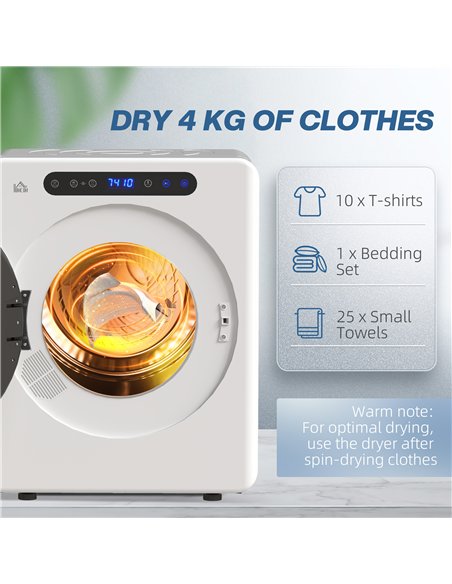 HOMCOM 4kg Vented Tumble Dryer, 1000W Compact Freestanding Front Tumble Dryer with Stainless Steel Tub, Timer, 6 Heat Settings,  - pic 127123 | FastDaddyshop