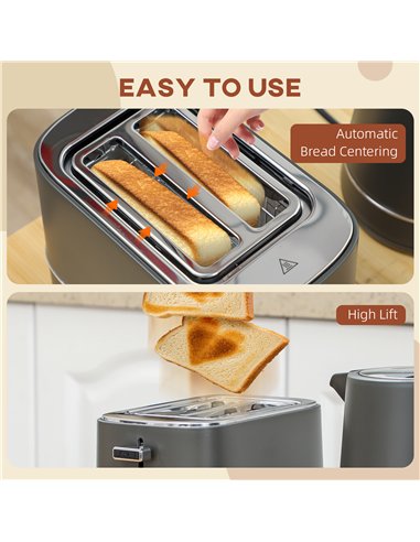 HOMCOM Kettle and Toaster Set, 1.7L 3000W Fast Boil Kettle & 2 Slice Toaster Kitchen Set with 6 Level Browning Controls, Defrost