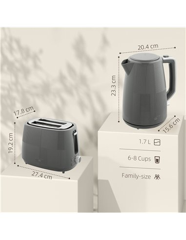 HOMCOM Kettle and Toaster Set, 1.7L 3000W Fast Boil Kettle & 2 Slice Toaster Kitchen Set with 7 Level Browning Controls, Defrost
