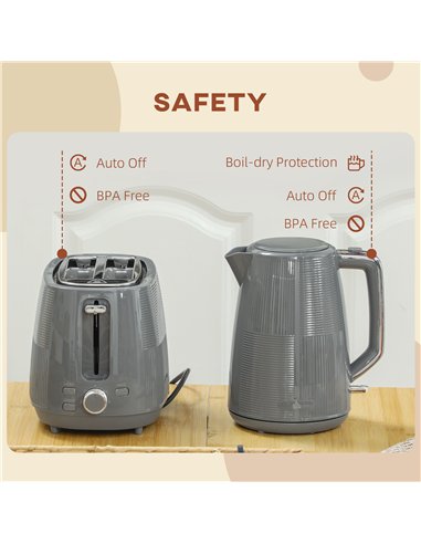 HOMCOM Kettle and Toaster Set, 1.7L 3000W Fast Boil Kettle & 2 Slice Toaster Kitchen Set with 7 Level Browning Controls, Defrost