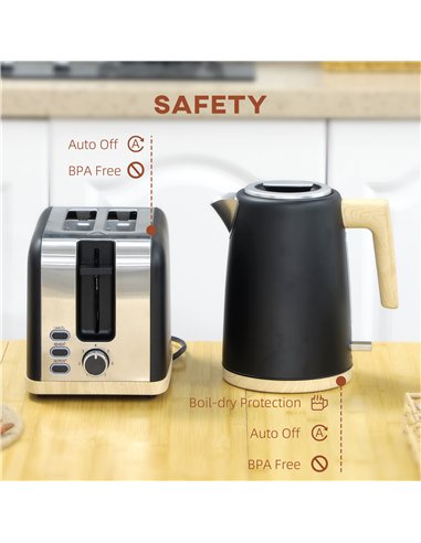 HOMCOM Kettle and Toaster Set, 1.7L 3000W Fast Boil Kettle & 2 Slice Toaster Kitchen Set with 7 Level Browning Controls, Defrost