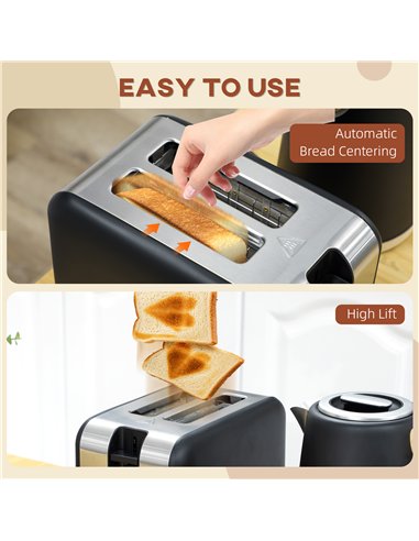 HOMCOM Kettle and Toaster Set, 1.7L 3000W Fast Boil Kettle & 2 Slice Toaster Kitchen Set with 7 Level Browning Controls, Defrost