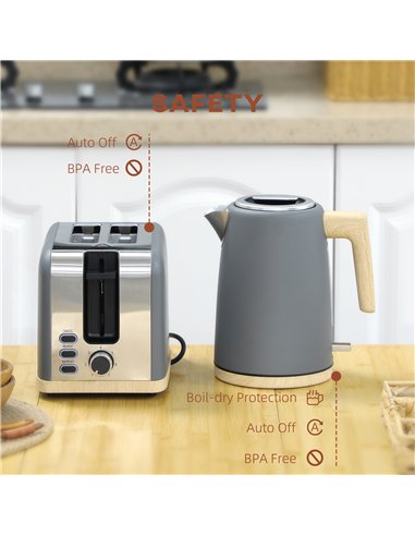 HOMCOM Kettle and Toaster Set, 1.7L 3000W Fast Boil Kettle & 2 Slice Toaster Kitchen Set with 7 Level Browning Controls, Defrost