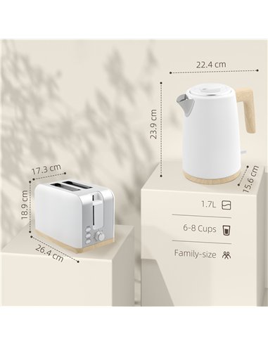 HOMCOM Kettle and Toaster Set, 1.7L 3000W Fast Boil Kettle & 2 Slice Toaster Kitchen Set with 7 Level Browning Controls, Defrost