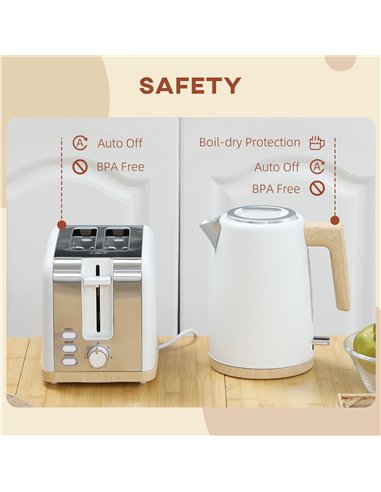 HOMCOM Kettle and Toaster Set, 1.7L 3000W Fast Boil Kettle & 2 Slice Toaster Kitchen Set with 7 Level Browning Controls, Defrost