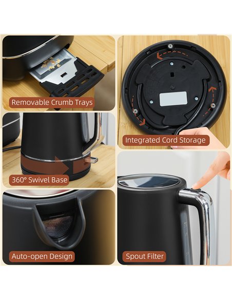 HOMCOM Kettle and Toaster Set, 1.7L 3000W Fast Boil Kettle & 2 Slice Toaster Kitchen Set with 6 Level Browning Controls, Defrost - pic 127190 | FastDaddyshop
