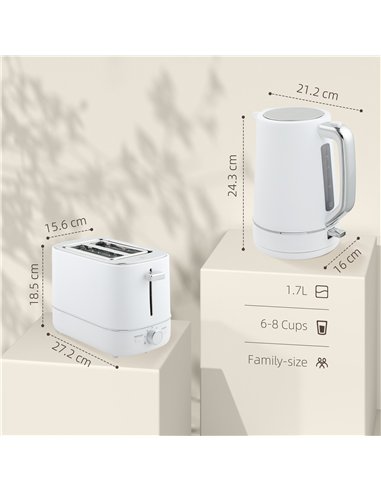 HOMCOM Kettle and Toaster Set, 1.7L 3000W Fast Boil Kettle & 2 Slice Toaster Kitchen Set with 6 Level Browning Controls, Defrost
