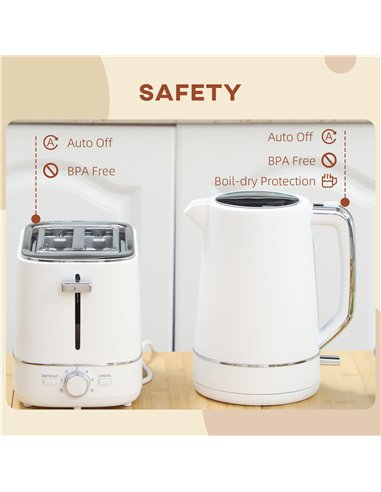HOMCOM Kettle and Toaster Set, 1.7L 3000W Fast Boil Kettle & 2 Slice Toaster Kitchen Set with 6 Level Browning Controls, Defrost