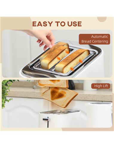 HOMCOM Kettle and Toaster Set, 1.7L 3000W Fast Boil Kettle & 2 Slice Toaster Kitchen Set with 6 Level Browning Controls, Defrost