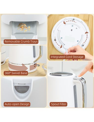 HOMCOM Kettle and Toaster Set, 1.7L 3000W Fast Boil Kettle & 2 Slice Toaster Kitchen Set with 6 Level Browning Controls, Defrost