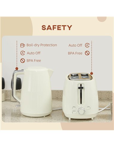 HOMCOM Kettle and Toaster Set, 1.7L 3000W Fast Boil Kettle & 2 Slice Toaster Kitchen Set with 7 Level Browning Controls, Defrost