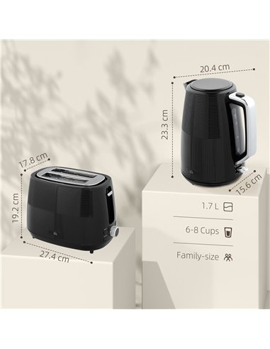 HOMCOM Kettle and Toaster Set, 1.7L 3000W Fast Boil Kettle & 2 Slice Toaster Kitchen Set with 7 Level Browning Controls, Defrost