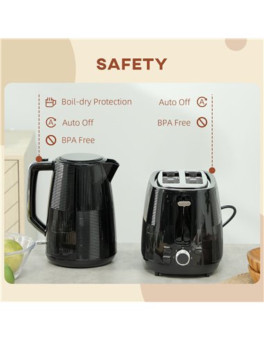 HOMCOM Kettle and Toaster Set, 1.7L 3000W Fast Boil Kettle & 2 Slice Toaster Kitchen Set with 7 Level Browning Controls, Defrost