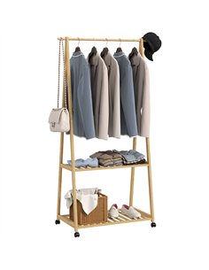 HOMCOM Bamboo Clothes Rack, with Shelves and Hooks - Natural Finish