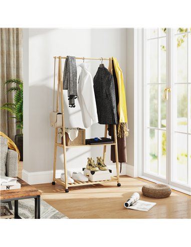 HOMCOM Bamboo Clothes Rack, with Shelves and Hooks - Natural Finish