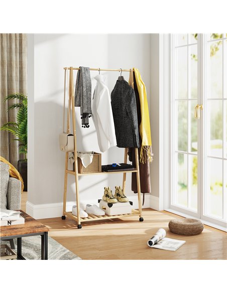 HOMCOM Bamboo Clothes Rack, with Shelves and Hooks - Natural Finish - pic 127309 | FastDaddyshop