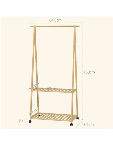 HOMCOM Bamboo Clothes Rack, with Shelves and Hooks - Natural Finish
