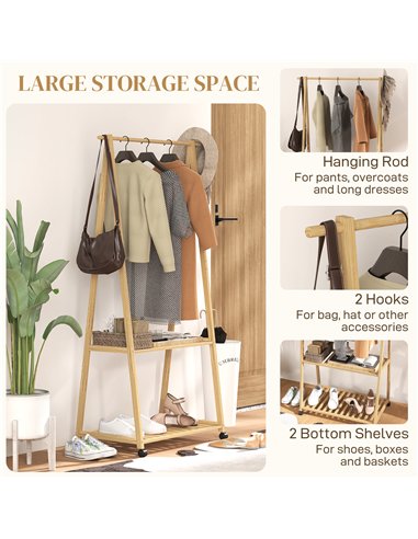 HOMCOM Bamboo Clothes Rack, with Shelves and Hooks - Natural Finish