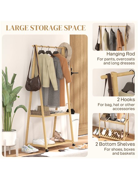 HOMCOM Bamboo Clothes Rack, with Shelves and Hooks - Natural Finish - pic 127311 | FastDaddyshop