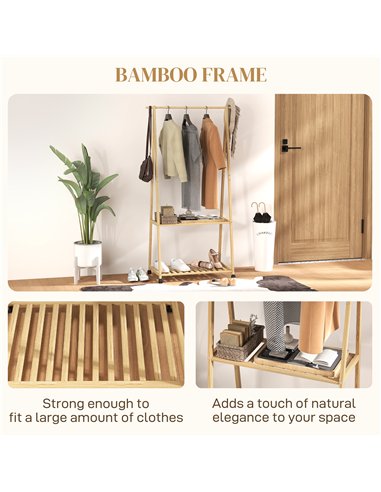 HOMCOM Bamboo Clothes Rack, with Shelves and Hooks - Natural Finish