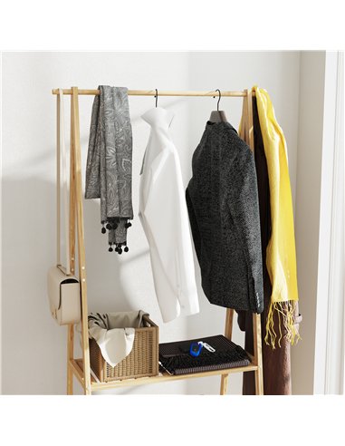HOMCOM Bamboo Clothes Rack, with Shelves and Hooks - Natural Finish