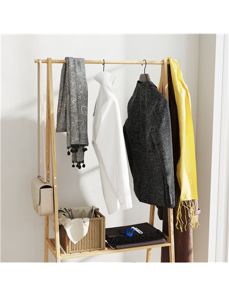 HOMCOM Bamboo Clothes Rack, with Shelves and Hooks - Natural Finish - pic 127314 | FastDaddyshop
