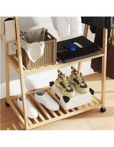 HOMCOM Bamboo Clothes Rack, with Shelves and Hooks - Natural Finish