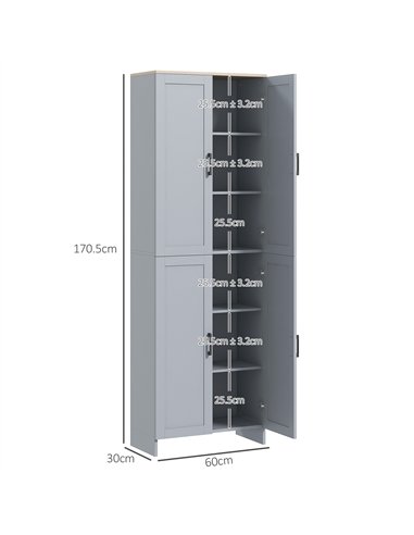 HOMCOM Freestanding Kitchen Cupboard, 4-Door Storage Cabinet Organizer with Adjustable Shelves Grey