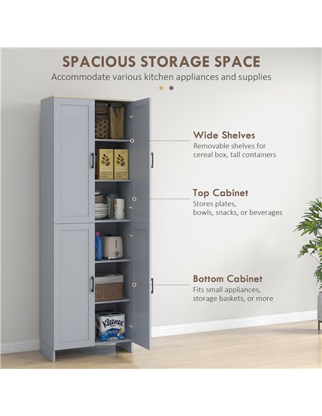 HOMCOM Freestanding Kitchen Cupboard, 4-Door Storage Cabinet Organizer with Adjustable Shelves Grey - pic 127338 | FastDaddyshop