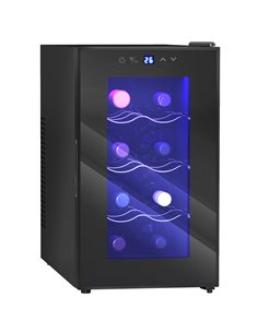 HOMCOM Mini Wine Fridge, 8 Bottle, 21L, 26.5cm, Freestanding and Under Counter, Quiet Wine Cooler Fridge with Glass Door, LED Li