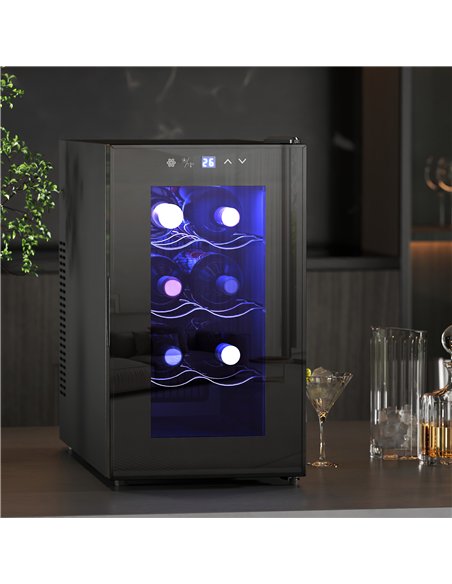 HOMCOM Mini Wine Fridge, 8 Bottle, 21L, 26.5cm, Freestanding and Under Counter, Quiet Wine Cooler Fridge with Glass Door, LED Li - pic 127381 | FastDaddyshop