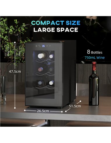 HOMCOM Mini Wine Fridge, 8 Bottle, 21L, 26.5cm, Freestanding and Under Counter, Quiet Wine Cooler Fridge with Glass Door, LED Li
