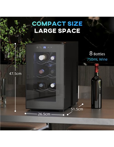HOMCOM Mini Wine Fridge, 8 Bottle, 21L, 26.5cm, Freestanding and Under Counter, Quiet Wine Cooler Fridge with Glass Door, LED Li - pic 127382 | FastDaddyshop